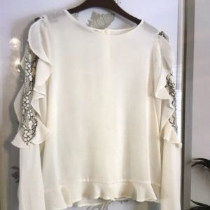 Zara Basic Ivory Top with Lace Trim Ruffle Sleeves